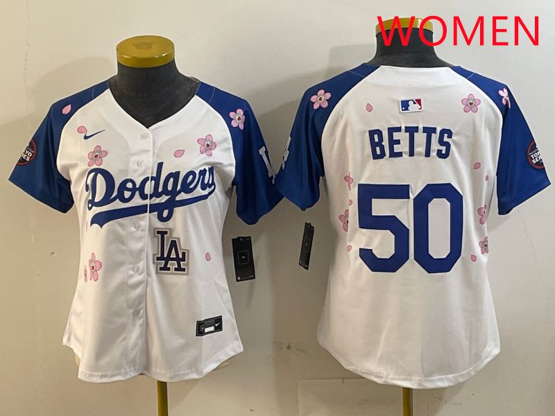 Women Los Angeles Dodgers 50 Betts White Blue Sakura Edition 2025 Nike MLB Jersey style 9